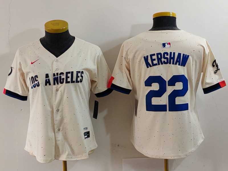 Women%27s Los Angeles Dodgers #22 Clayton Kershaw Cream 2024 City Connect Limited Stitched Jersey